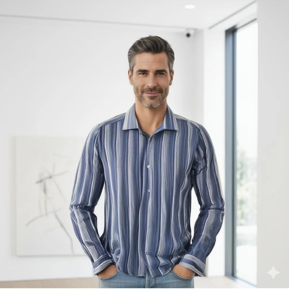 Bugatchi Shaped Fit Navy And Shades Of Blue Striped Shirt (SH-29)
